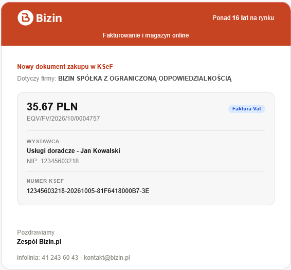 Email z nowym dokumentem w KSeF