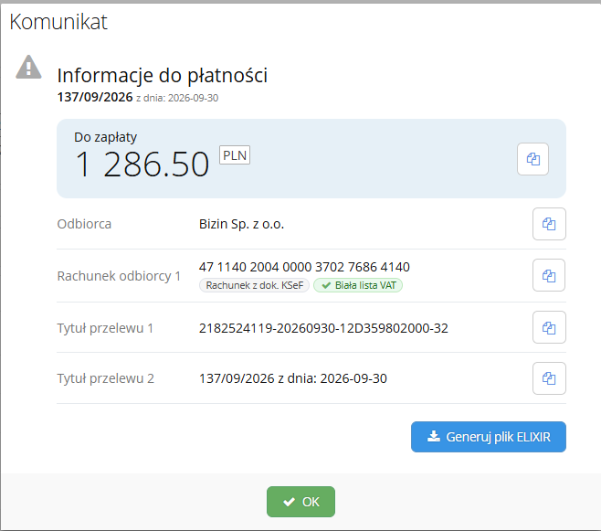 Informacje do płatności do banku - KSeF, Split Payment, biała lista VAT itd.